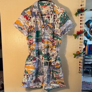 EUC MODCLOTH Lighthearted Cartographer Romper size, large khaki,